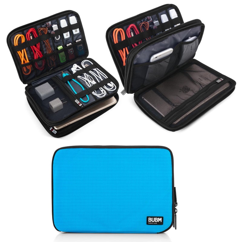 BUBM Double Layer Electronic Accessories Organizer, Travel Gadget Bag for Cables, USB Flash Drive, Plug and More, Perfect Size Fits for iPad Mini (Medium, Blue) - Image 1